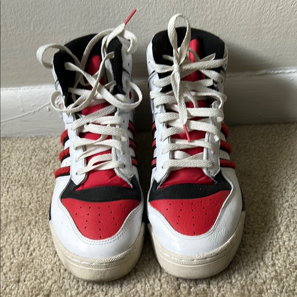 Adidas Red and White High-Top Sneakers